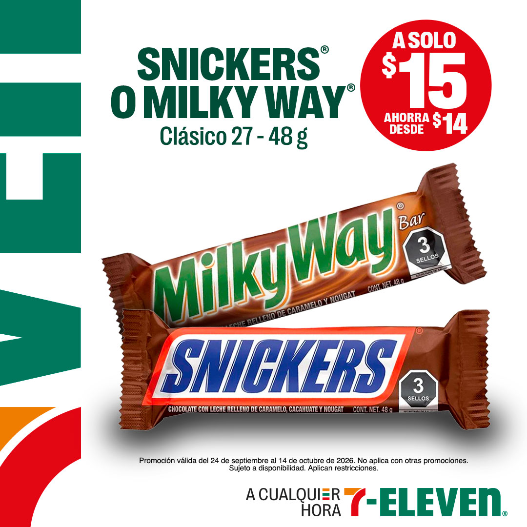 Snickers o Milky Way clásico, 27 a 48 gramos, a solo 15 pesos cada uno.