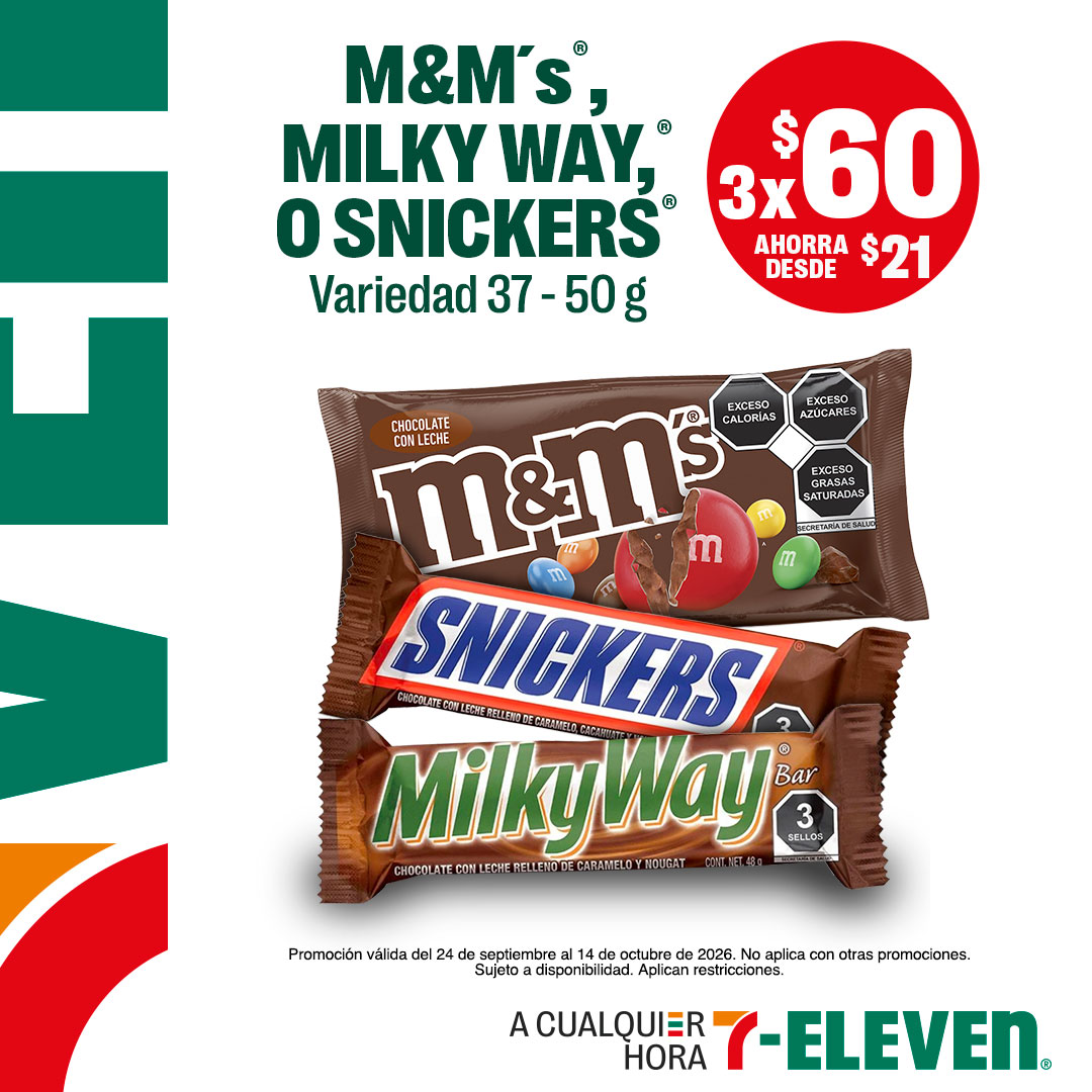 Snickers, m&m's o Milky Way, variedad 37 a 50 gramos, lleva 3 por 60 pesos.