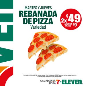 Martes y Jueves, lleva 2 rebanadas de pizza por 49 pesos.