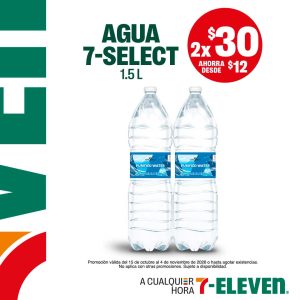 Agua Select de 1.5 litros, lleva 2 por 30 pesos.