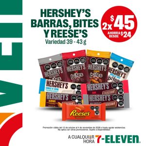 Hershey's, Barras, Bites y Reese's de 39 a 43 gramos, lleva 2 por 45 pesos.
