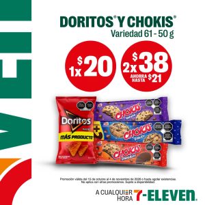 Doritos y Chokis, lleva 1 por 20 pesos o 2 por 38 pesos.